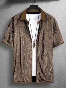 Manfinity AFTRDRK Áo sơ mi nam tay ngắn đính sequin, cài cúc phía trước, thích hợp mặc đi dự tiệc mùa hè. - Rượu sâm banh - Xem 5