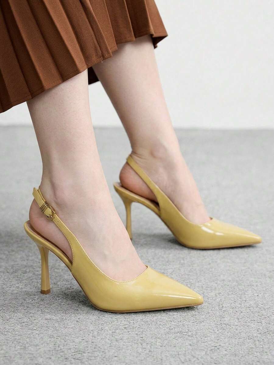 CUCCOO BIZCHIC Elegant Slingback Heels For Women Glossy Finish Pointed Toe Minimal Office Pumps - Light yellow - View 1