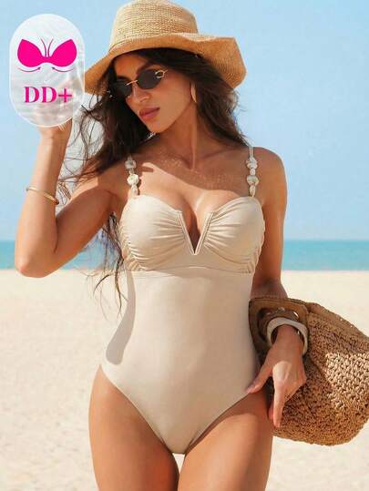 Swim DD+ 新款纯色V领钢圈连体泳衣