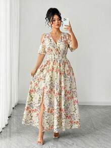 Vestido maxi de mujer talla grande con cuello halter y cruce delantero, estampado de flor de anacardo, cintura en línea A estilizadora, bajo fluido, tela estampada con textura, para primavera/verano, adecuado para graduación, vacaciones, San Valentín, festivales de música, Día de la Madre, Halloween, Acción de Gracias, Pascua, Día Nacional, bailes, citas, fiestas, bodas, salidas - Albaricoque - Ver 3