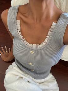 DAZY 女士修身罗纹拼接蕾丝边圆领休闲度假夏季轻薄针织背心 - 灰色 - 查看 6