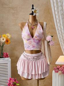 SHEIN Glamour Pink Floral Summer Boho Vacation Holiday Women's Glitter Halter V-Neck Backless Sleeveless Asymmetrical Mini Skirt 2 Pieces Set,Music Festival - Pink - View 7