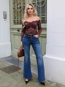 Elenary Edit 女士蕾丝性感透视镂空露肩长袖上衣，酒红色，适合圣诞节、万圣节、亡灵节、秋冬季叠穿 - 咖啡棕 - 查看 3