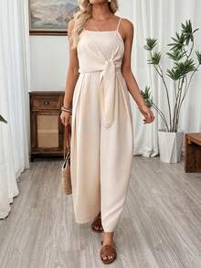 SHEIN Holidaya Bộ áo liền quần ống rộng bằng vải lanh kiểu dáng thường ngày dành cho nữ, thích hợp cho kỳ nghỉ hè, có dây buộc eo, thích hợp mặc mùa xuân/hè. - Màu Khaki - Xem 5