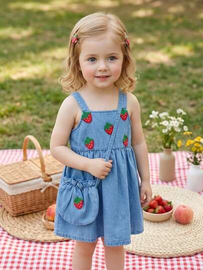 SHEIN Playful Pals 女婴休闲可爱草莓图案牛仔无袖连衣裙，适合春夏户外活动、度假、旅行、聚会和日常穿着。