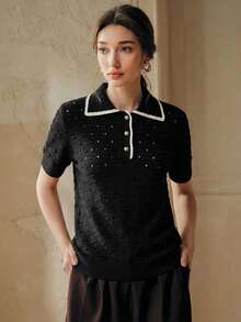 Anewsta Áo dệt kim màu ngà voi kiểu Pháp thanh lịch, họa tiết đồng xu cổ điển, chất liệu móc 3D, cúc vàng rỗng, thích hợp cho mùa xuân/hè. - màu đen - Xem 4