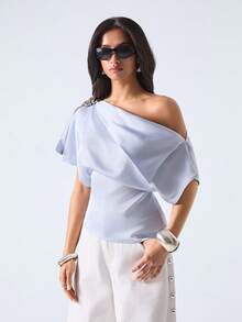 2026 Blusa elegante de mujer con cuello asimétrico y cintura ceñida, para verano - Celeste - Ver 5