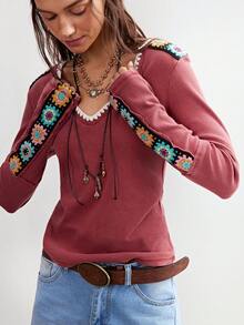 Bohemela 休闲度假纯色V领长袖修身水洗女式T恤 - 紅色 - 查看 5