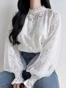 DAZY 女式蕾丝撞色网眼立领灯笼袖衬衫，春夏秋装，秋季女装长袖上衣 - 白色 - 查看 3