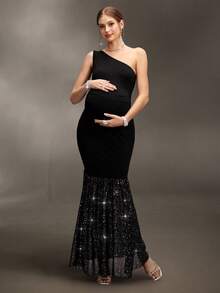 Cheriluna Maternity Maternity Photoshoot Dress, One-Shoulder Fitted Design With Pleated Hem, Metallic Foil Chiffon Fabric, Long Dress - Black - View 3