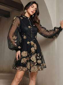 Anewsta Đầm nữ cổ tàu tay phồng thắt eo bằng vải lưới xuyên thấu thêu hoa thanh lịch - màu đen - Xem 4