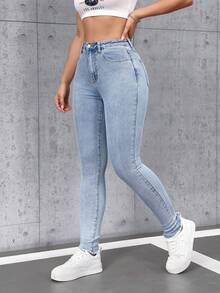 SHEIN Tall Women's Washed Skinny Jeans With Pockets - Blue - View 4