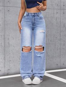 SHEIN Tall Quần jeans nữ cạp cao, có túi, ống rộng, dáng suông, phong cách thường ngày. - Màu xanh lam - Xem 8