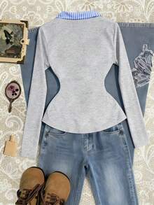 Glimmora Women 2 In 1 Long Sleeve Half-Placket Casual Daily Versatile T-Shirt - Multicolor - View 2