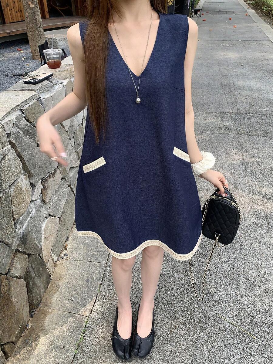 DAZY 女士V领休闲水洗牛仔连衣裙 - 藍色 - 查看 1