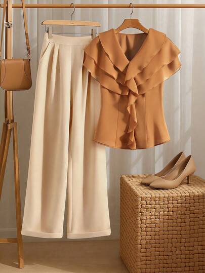 SHEIN Franclia 2pcs Women Ruffle V-Neck Top And Pleated Pocket Pants Set Tan Two Piece Set Beige Two Piece Set Tan Outfit Women Neutral Clothes For Women Set Outfit For Women Elegant