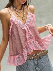 Bohemela Women's Casual Solid Color Woven Camisole,Pink Top - Pink - View 4