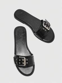 CUCCOO BIZCHIC 春夏新款户外女士平底拖鞋，圆头金属扣简约黑色凉鞋，女士厚底防滑休闲百搭沙滩鞋 - 黑色 - 查看 8