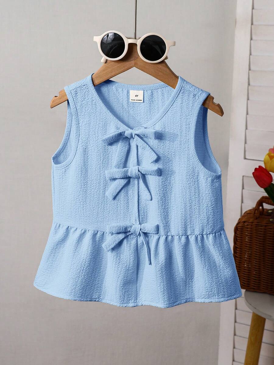 SHEIN Camisa sin mangas de unicolor con lazo para niñas jóvenes - Azul - Ver 1