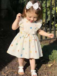 SHEIN LMoss Kids 女婴编织爱心图案荷叶边下摆休闲连衣裙 - 彩色 - 查看 3