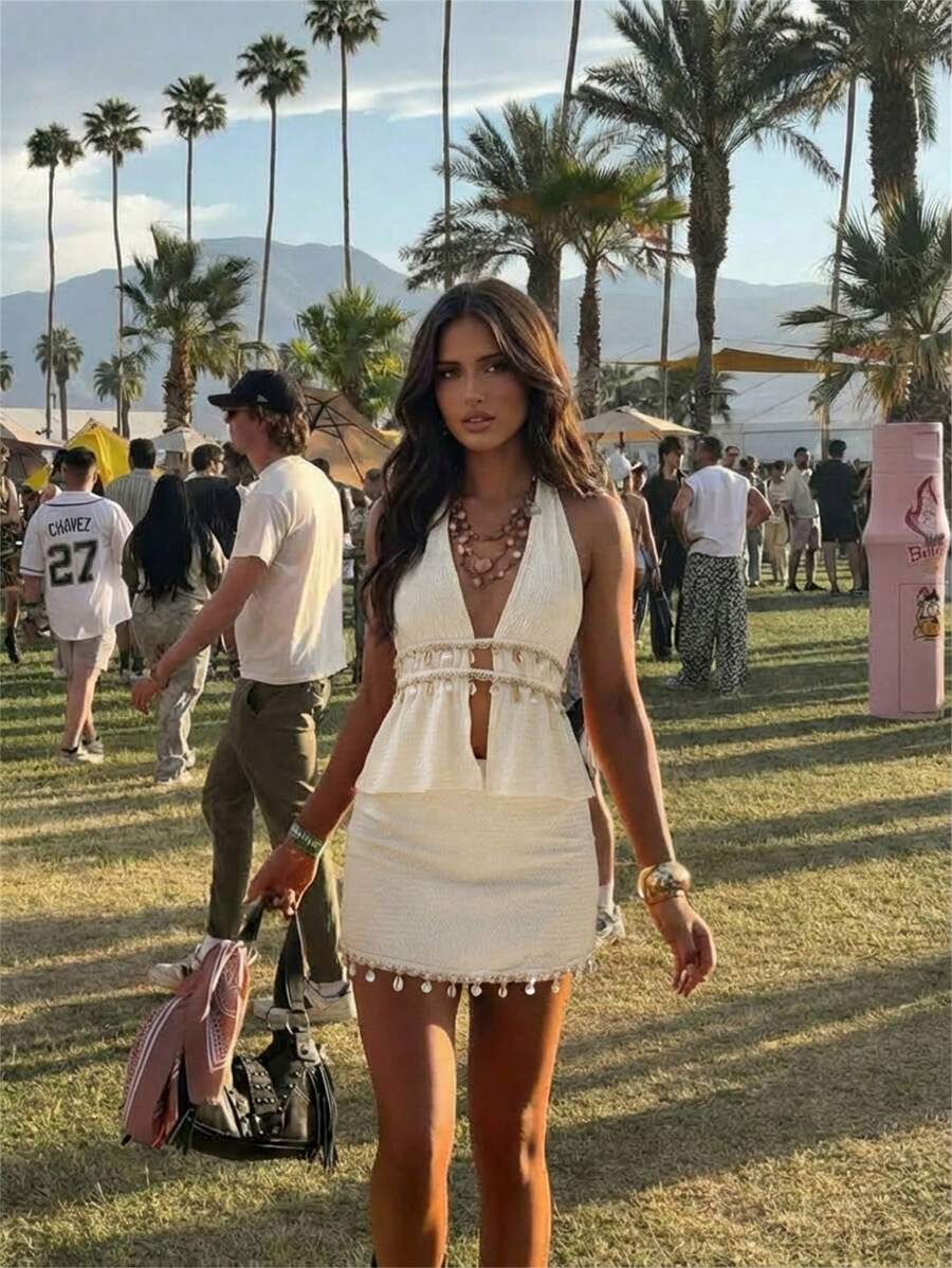 Aloruh 女士优雅露背短款贝壳流苏装饰低腰修身迷你裙，两件套，适合海滩、音乐节等场合