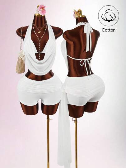 Amplova Women's Solid Color Halter Backless Top & Shorts 2 Pieces Set, Vacation