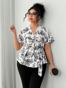 SHEIN Elenzya 大码女式V领印花短袖衬衫，腰部系带设计，春夏度假衬衫 - 彩色 - 查看 7