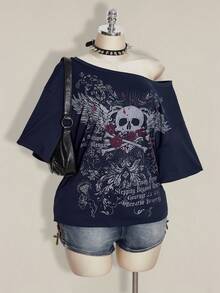 SHEIN ICON Plus Size Women Gothic Punk Pattern Black Loose Asymmetric-Shoulder T-Shirt - Navy Blue - View 8