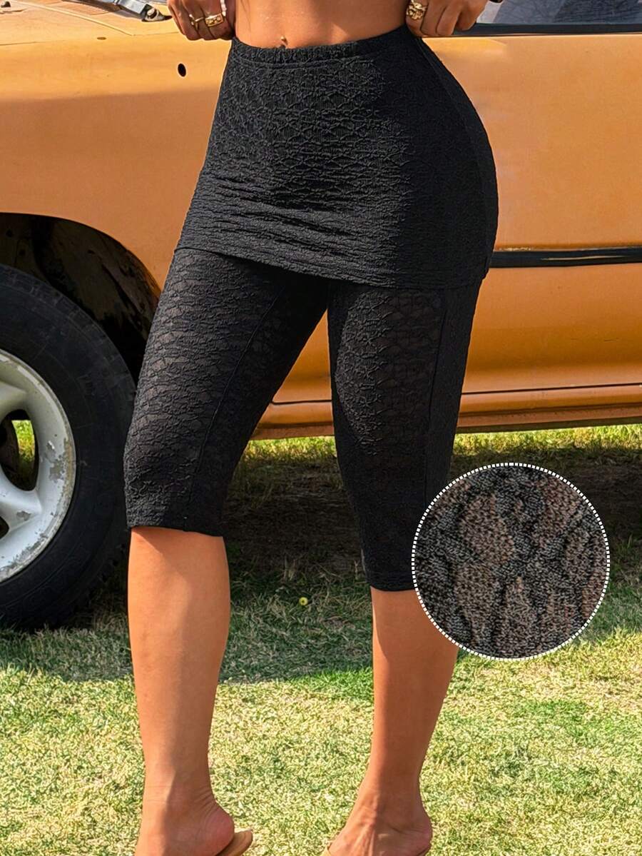 SHEIN EZwear 女士黑色二合一休闲针织七分裤 - 黑色 - 查看 1