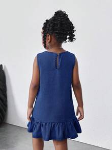 Kid Girls Blue Denim Sleeveless Short Dress With Ruffle Trim,Autumn Spring Summer Casual Country Boho Beach Outfits,Western Street Wear,Vacay Outfits - Dark Wash - View 6
