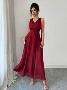 Modelyn 女士优雅浪漫闪亮V领系腰酒红色连衣裙，适合约会、度假、通勤、家庭聚会、春夏穿着 - 紅色 - 查看 6