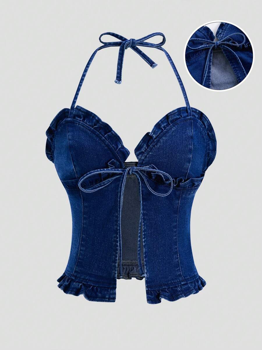 SHEIN MOD レディース Y2K フリルトリム フロントタイ ホルターネック デニムクロップトップ ネイビーブルー 夏 クラブ ナイト ...
