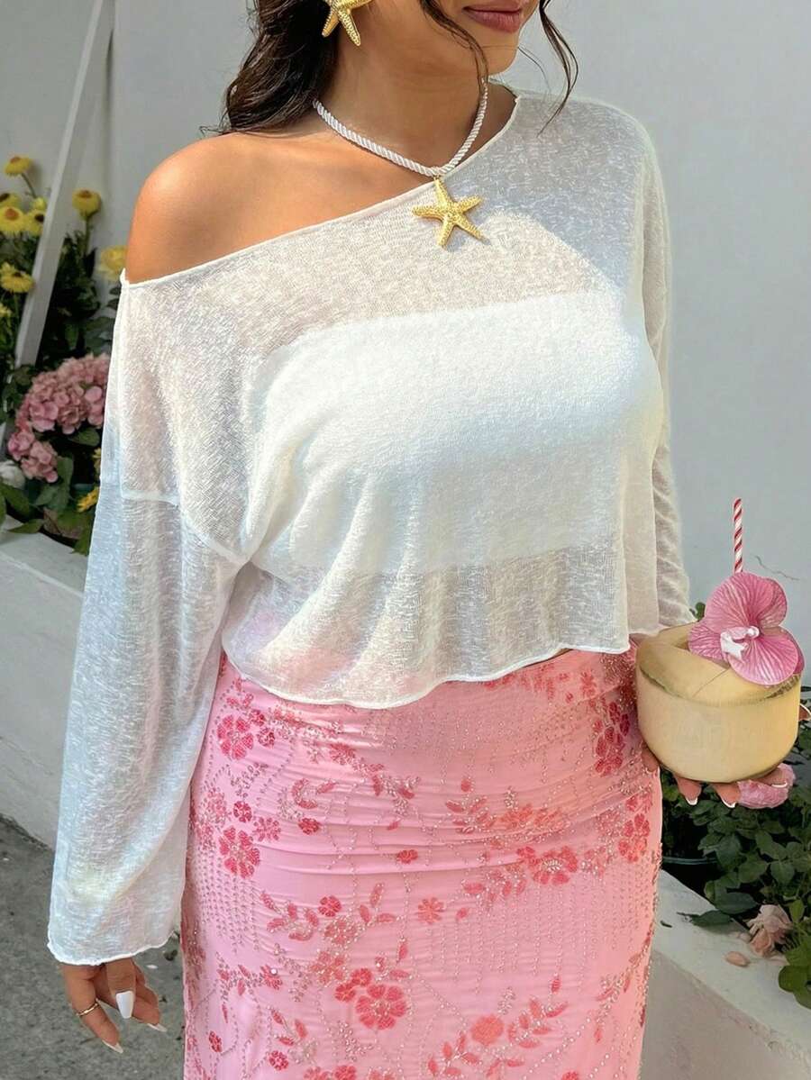 GalTyme 大码女式休闲纯色落肩短款上衣 - 米色 - 查看 1