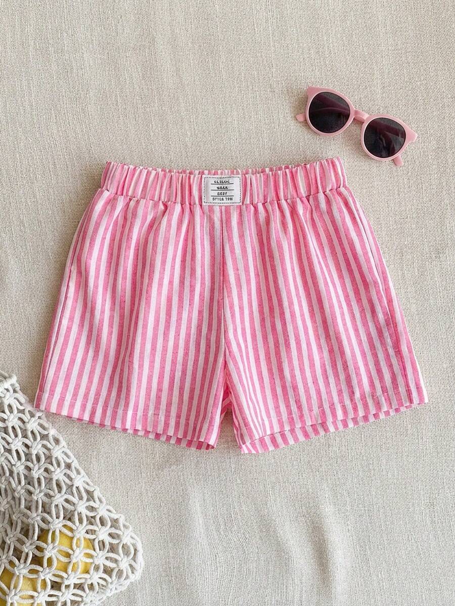 Woven Striped Letter Print Leisure Shorts - Pink - View 1