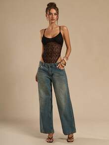 SHEIN BAE Áo liền thân ren đen xuyên thấu gợi cảm dành cho nữ - màu đen - Xem 7