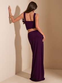 SHEIN BAE Conjunto de 2 piezas elegante con hebilla de metal morada, conjunto de 2 piezas para vacaciones, conjunto de 2 piezas para días festivos, primavera/verano - Morado - Ver 2