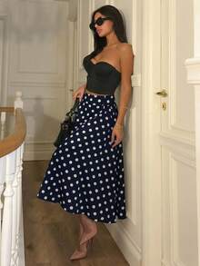 Ronhire 女士圆点印花腰部纽扣设计优雅裙子 - 藏蓝色 - 查看 5