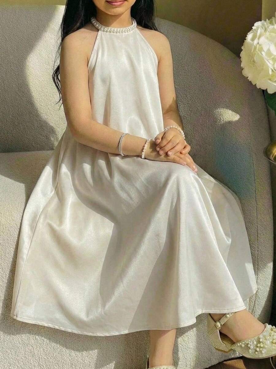 Girls' Elegant Fitted Stand Collar Sleeveless A-Line Beaded Dress, Spring/Summer - Apricot - View 1