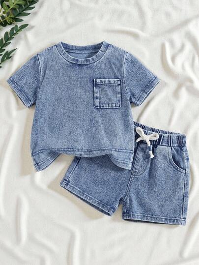 SHEIN 2 piezas Conjunto de top holgado de punto y pantalones cortos para bebé niño, azul