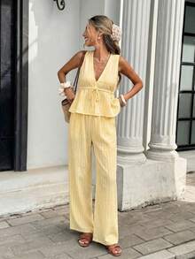 Serisse Bộ đồ 2 món dành cho nữ, kiểu dáng thường ngày, gồm áo tank top và quần dài kẻ sọc, thích hợp cho kỳ nghỉ. - Vàng nhạt - Xem 7