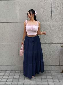 GalTyme Falda suelta con volantes de talla grande en azul marino - Azul Marino - Ver 4