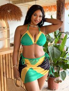 Slaydiva Plus Size Women's 3 Pieces Set, Solid Color, Color Block, Multi-Color Placement Print, Fashion Vacation Casual Sexy 2026 New Triangle Cup High Waist Triangle Panty Semi-Sheer Mesh Sarong Halter Tie Bow Bestselling Bikini Swimwear - Multicolor - View 3