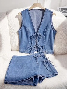 GlowEve 女士系带衬衫和半身裙休闲牛仔套装 - 藍色 - 查看 1