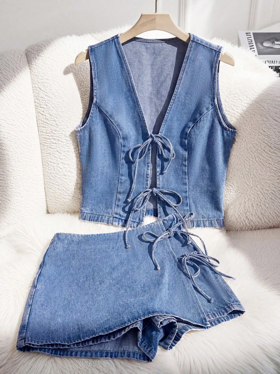 GlowEve 女士系带衬衫和半身裙休闲牛仔套装 - 藍色 - 查看 1