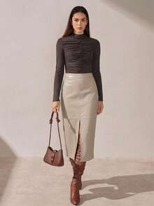 BizChic New Apricot PU Leather Front Slit Design Skirt, Flattering Silhouette, Elegant Office Wear For Spring/Summer - Apricot - View 5