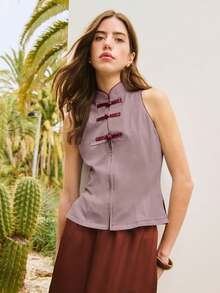 2026 Top sin mangas con cuello mao y ribete en contraste alrededor del cuello y las sisas.Para looks festivos, de resort, primavera y verano.Vacaciones de lujo, salidas, bodas, fiestas, festivales, vacaciones de verano. - Rosa vieja - Ver 4