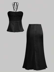 SHEIN MOD 女士优雅露背吊带上衣和鱼尾裙两件套，夏季 - 黑色 - 查看 4