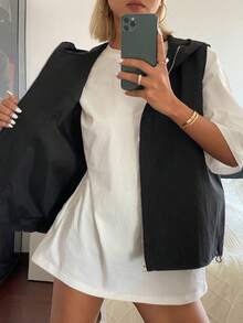 DAZY 女士宽松纯色连帽拉链休闲运动度假背心外套，夏季 - 黑色 - 查看 3