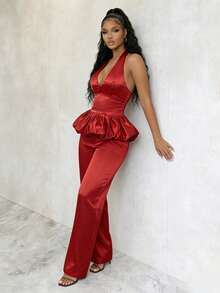 SHEIN Raffinéa Women's Elegant Summer Dark Red Satin 2 Piece Set,V-Neck Ruffle Hem Blouse & High Waist Wide Leg Pants Party Outfits,Ladies Formal Co Ord Suits 2pcs - Red - View 7