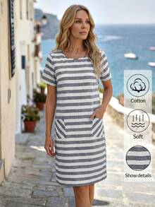 EMERY ROSE Vestido casual de mujer con cuello redondo, mangas cortas, bolsillo y estampado de rayas - Multicolor - Ver 6